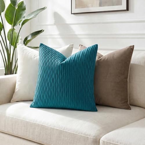 DEZENE Turquoise Throw Pillow Cases 24x24: Pack of 2 Inch Vertical Ripple Striped Velvet Square Decorative Pillow Covers for Farmhouse Couch Sofa Bed Living Room Home Decor - Image 4