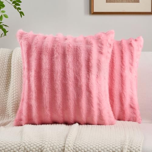 FUTEI Pack of 2 Faux Mink Fur Throw Pillow Covers 26x26 Inch, Cherry Pink by FUTEI