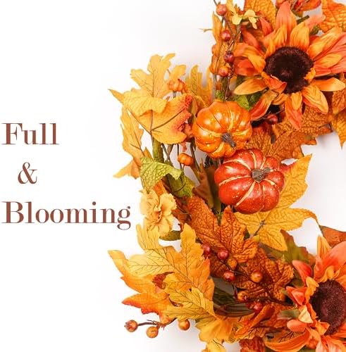 Fall Wreaths for Front Door 22 Inch, Autumn Wreath with Berry Pumpkin, Maple Leaves, Thanksgiving Harvest Festival Decorations Indoor and Outdoor (Orange-Pumpkins) - Image 4