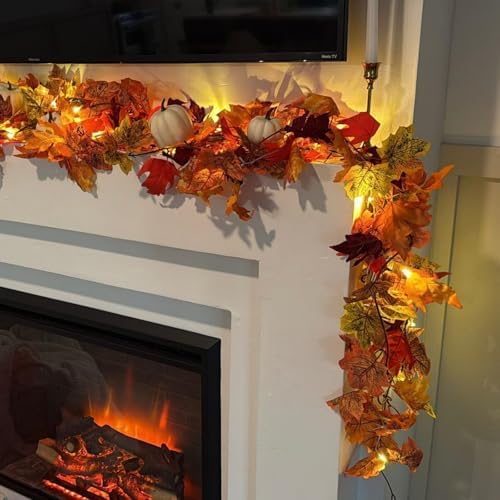 CQURE 8 Pack Fall Leaf Garland with Lights,Fall Decor Halloween Lights Artificial Maple Leaves Autumn Garland Hanging Vines Thanksgiving Decor for Home Christmas Autumn - Image 4