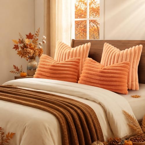 decorUhome Fall Faux Fur Throw Pillow Covers 22x22 Set of 2 Light Orange - Image 6