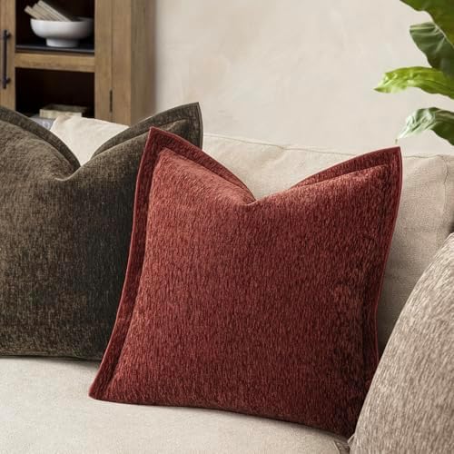 Decorative Chenille Luxury Throw Pillow Covers with Wide Edge, Textured Solid Pillowcases, Soft Velvet Cushion Cover Home Décor for Couch Sofa Chair Bed,18×18 Inch, Set of 2, Burgundy Red - Image 4