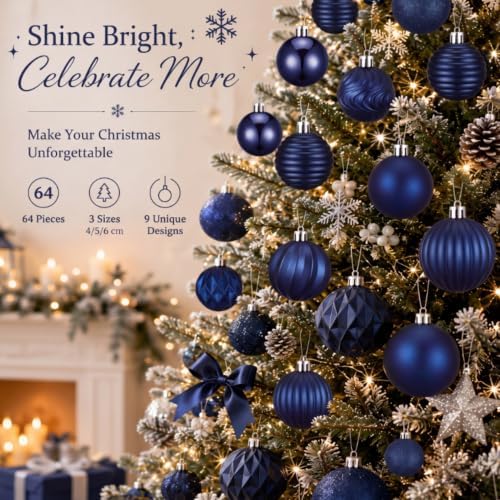 Lunmon 64 Pcs Navy Blue Christmas Ornaments Midnight Blue Xmas Tree Baubles - Image 4