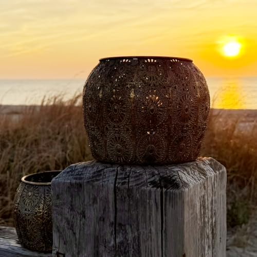 2 Piece Daisy Hurricane Lantern Set, Distressed Gold - Image 4