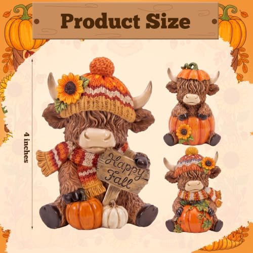 Simgoing 3 Pcs Happy Fall Highland Cow Figurines Pumpkin and Sunflower Cow - Image 3