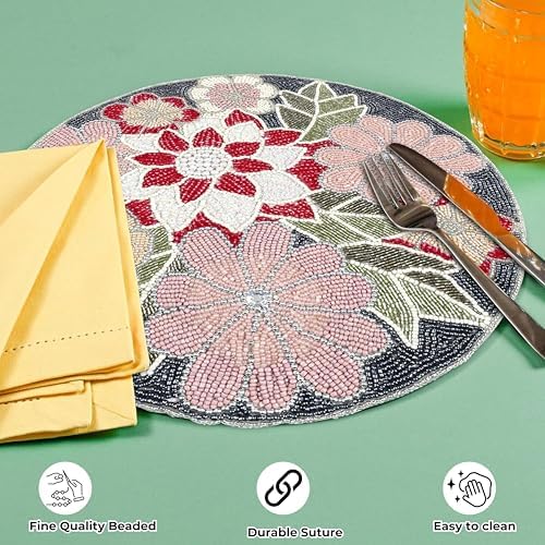 Beaded Placemats for Dining Table Flower Design Red Multi Set of 2- Measure 13 Inches Beaded Placemats Round for Gathering, Christmas, Thanksgiving - Occasional Decoration - Image 6