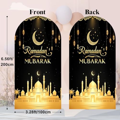 6.6FT Arch Backdrop Cover Black Gold Eid Ramadan Mubarak Photography Holiday Welcome Crescent Wedding Arch Cover Spandex Fitted Stretchy Backdrop Stand Covers for Birthday Party Wedding Decoration - Image 3