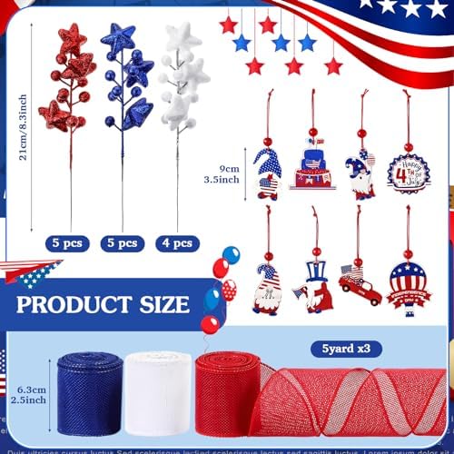 43 Pcs 4th of July Patriotic Tree Decorations Independence Day Christmas Tree Ornaments Ribbon Bow Topper Red White and Blue Hanging Ornaments for National Memorial Day Party - Image 3