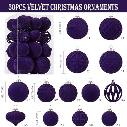 30pcs Velvet Christmas Ball Ornaments, Flocked Shatterproof Christmas Ornaments Hanging Xmas Tree Decorations Set for Home Party Holiday Decor (Multi-Size, Purple) - Image 2