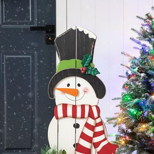 Glitzhome 36" H Wood Metal Christmas Snowman Porch Décor with Floral Wreath Standing Snowman Merry Christmas Porch Welcome Sign Holiday Party Outdoor Indoor Xmas Decorations - Image 4