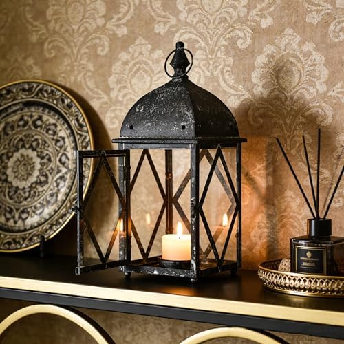 Vintage Metal Candle Lantern with Glass 17in Distressed Blue Rustic Large Farmhouse Hanging Candle Holder Lanterns for Indoor & Outdoor Front Porch Table Centerpiece Decor Black - Image 2