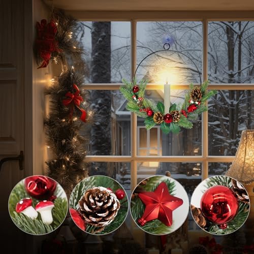 2Pack Christmas Wreaths for Front Door with LED Taper Candles, 16-inch Window Wreath Christmas with Light & Remote, Battery Operated Outdoor Winter Ornaments Christmas Decorations丨Basic丨 - Image 2