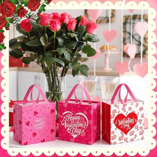 Wesnoy 48 Pcs Valentine's Day Gift Bags Bulk with Handle Non Woven Reusable Pink Red Heart Bags Valentine's Day Candy Bag for Classroom Gift Exchange, Goodies Wrapping Party Favors, 11.4x10.6x4.7 Inch - Image 5
