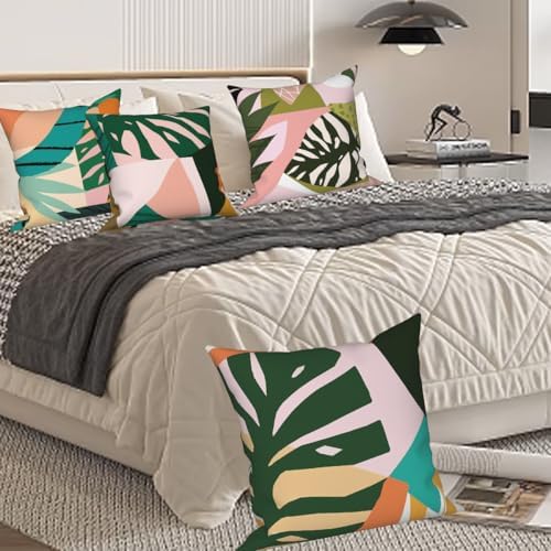 Tropical Leaves Throw Pillow Covers 26''x26'' Set of 4, Abstract Palm Tree Leaf Pillowcases Summer Green Hawaiian Cushion Covers for Couch Sofa Bedroom Farmhouse Livingroom Garden Patio - Image 4