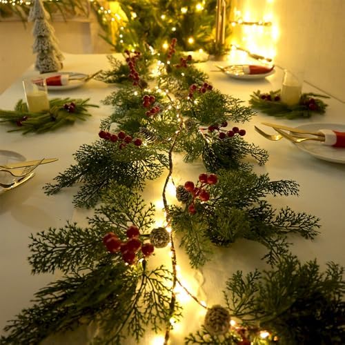 2025 New 6.56FT Christmas Garland Lights with 96 LED 8 Flash Modes Battery Operated Cypress Garland with Timer Lighted Xmas Pine Garland Christmas Decor for Mantle Fireplace Table Stairs Holiday - Image 6