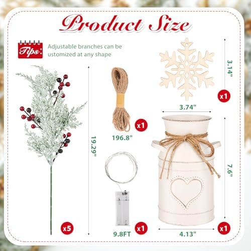 Christmas Table Decorations Set with 5 Pcs 20" Christmas Artificial Pine Branches with Red Berry Stems,White Iron Vase, LED String Lights, Snowflake Wood Chips and Hemp Rope for Xmas Winter DIY Decor - Image 2