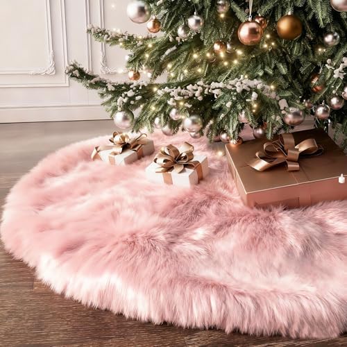 36 Inch Pink Faux Fur Christmas Tree Skirt Plush Xmas Tree Base Cover by BSSN