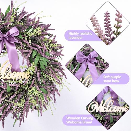 26 Inch Purple Lavender Wreath for Front Door, Lifelike Artificial Eucalyptus Door Hanger with Welcome Sign, Fade-Resistant Floral Ring for All Seasons Home Decor, Farmhouse Wall Ornament - Image 3