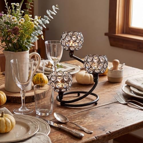 Metal Crystal Candle Holder Set of 2 - Elegant 3-Arm Metal Tea Light Centerpiece with Shining Crystal Bowl, Wedding Anniversary Table Decor for Dining, Party (Black, 2 Pcs 3 Arm) - Image 6