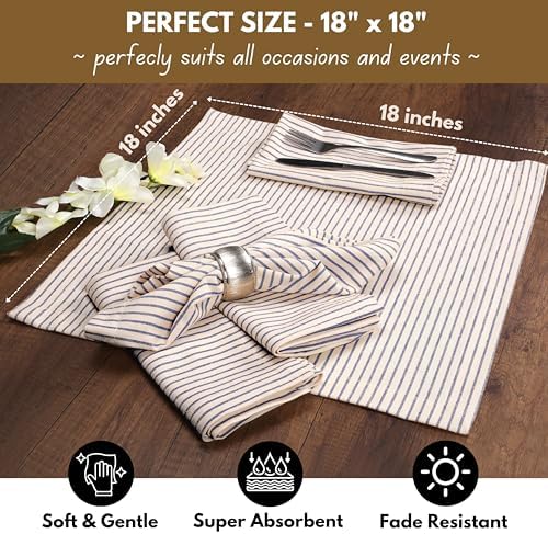 Native Fab Cloth Napkins 18x18 inches, 100% Cotton Vintage Stripped Dinner Napkins, Set of 12, Soft Breathable Absorbent, Machine Washable Cloth Napkins, Blue Beige - Image 3