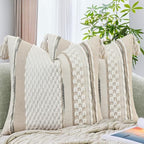 AmHoo Set of 2 Chenille Striped Textured Boho Throw Pillow Covers Aesthetic with Tassels Woven Decorative Pillow Case for Couch Bed Sofa Bedroom Modern Funky 18 x 18-Inch White by AmHootextile
