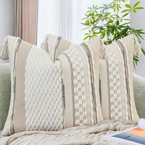 AmHoo Set of 2 Chenille Striped Textured Boho Throw Pillow Covers Aesthetic with Tassels Woven Decorative Pillow Case for Couch Bed Sofa Bedroom Modern Funky 18 x 18-Inch White by AmHootextile