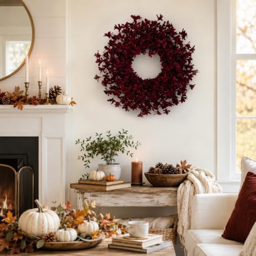 24 Inch Burgundy Fall Wreaths for Front Door, Artificial Forsythia Wreath - Image 5