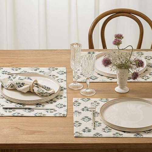 Block Print Floral Decorative Placemats Set of 6, Olive - Image 2