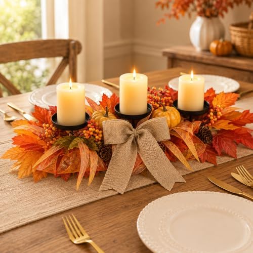 26" Fall Candle Holder Centerpiece with Pumpkins, Maple Leaves & Burlap Bow by Yastouay
