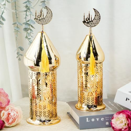 TRIROCKS Ramadan Lanterns Set of 2 14" &12" Gold Electric Candle Holders with Timer, Metal Decorative Vintage Lanterns for Indoor/Outdoor Decor, Perfect EID Mubarak Gift - Image 4