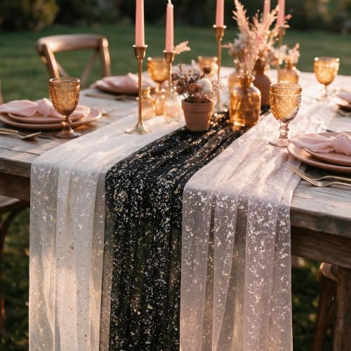 Artoid Mode 6PC Beige Black Pink Gauze Table Runner 120 Inch 10FT, Glitter Metallic Foil Sheer for Wedding Anniversary Holiday Birthday Home Party Decor - Image 6