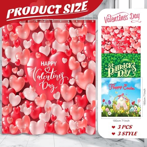 Remerry 3 Pcs Easter Shower Curtain for Bathroom Decor with Hooks St Patrick's Day Valentine's Day Holiday Shower Curtains Set,71 x 71 Inch,Waterproof Fabric Bathtub Bathroom Decor(Classic Style) - Image 2