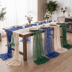 Artoid Mode 3PC Beige Green Blue Gauze Table Runner 120 Inch 10FT, Glitter Metallic Foil Sheer for Wedding Anniversary Holiday Birthday Home Party Decor - Image 5