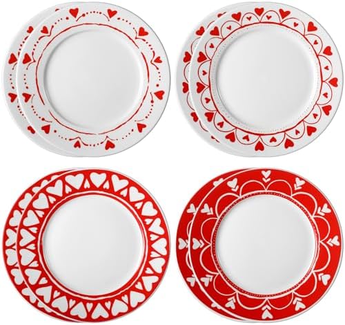 Jinei Set of 8 10 Inch Valentine's Day Ceramic Flat Plates Red White Heart Dining Serving Plates Round Dessert Salad Dish Set Gift for Valentine's Day Wedding Anniversary Party Decoration by Jinei