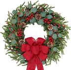 zjlmit Artificial Christmas Wreath 24Inch Christmas Wreaths for Front Door Norfolk Pine Wreath with Eucalyptus Leaves Red Berries Pine Cones Red Bow for Wall Indoor Outdoor Winter Xmas Decoration by zjlmit