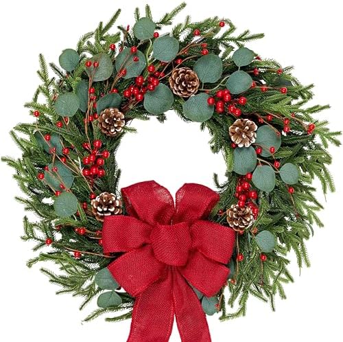 zjlmit Artificial Christmas Wreath 24Inch Christmas Wreaths for Front Door Norfolk Pine Wreath with Eucalyptus Leaves Red Berries Pine Cones Red Bow for Wall Indoor Outdoor Winter Xmas Decoration by zjlmit