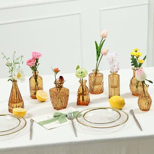 Amber Glass Bud Vases Set of 10, Small Flower Vases Wedding Decor - Image 5