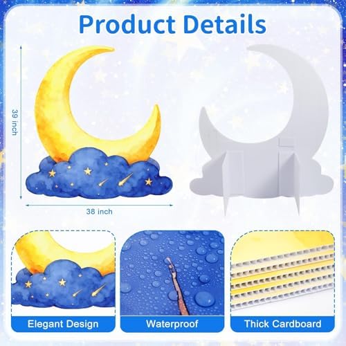 Large Crescent Moon Cardboard Cutout Decorations 3.3 Ft Moon Stand Up Backdrop Blue Gold Starry Night Party Photo Props for Birthday Wedding Eid Mubarak Homecoming Movie Night Baby Shower - Image 2