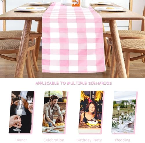 Cupuamon Fabric Checkered Table Runner 12 Pack Waterproof Gingham Table Runner 14W x 108L Buffalo Check Table Runners for Parties Kitchen Dining Wedding Banquet (Pink and White) - Image 3