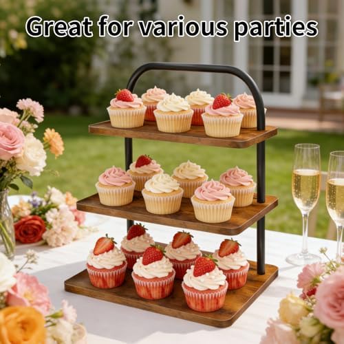 Cupcake Stand, 3 Tier Large Cupcake Stand Rustic Stepped Cupcake Display Stand Square Wood Dessert Table Display Set Cupcake Tower Tiered Tray Stand for Wedding Birthday Graduation - Image 2