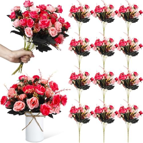 Hotop 12 Pcs Artificial Flowers Centerpiece for Tables 13 in, Rose Red by Hotop