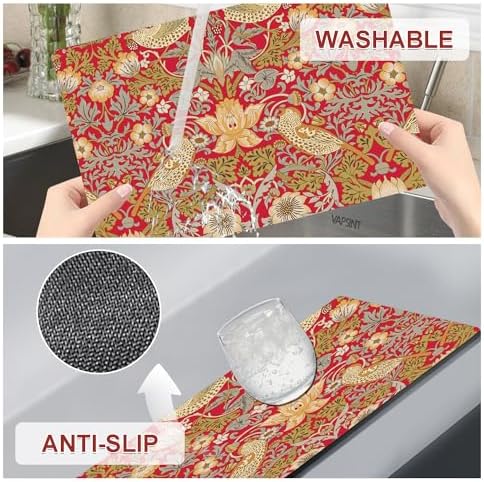 Strawberry Thief Red Placemats - Placemats Set of 4 Faux Leather Heat Resistant for Dinner Table, Non-Slip Waterproof Oil-Proof Washable Reusable Placemat for Indoor Outdoor Kitchen - Image 5