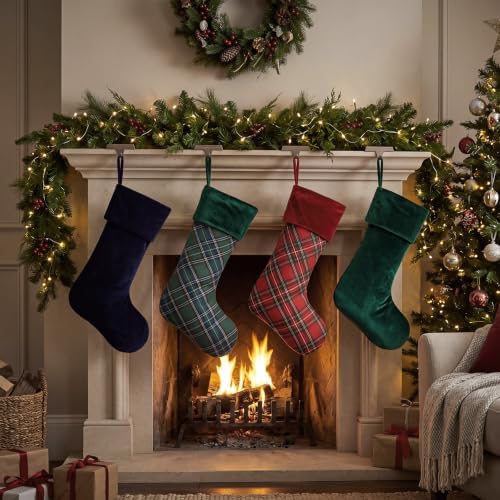 Junkin 4 Pack Tartan Christmas Stockings Navy Blue & Emerald Green - Image 6