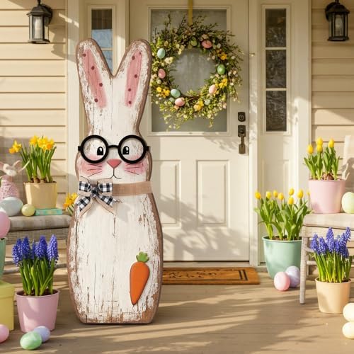 Yerliker 35 Inch Easter Wooden Porch Sign Wooden Bunny Standing Sign Decoration Easter Rabbit Outdoor Decor Bunny Shape Decor for Porch, Yard, Front Door, Garden, Patio, Outdoor by Yerliker
