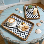 Set of 2 Rectangular Mother of Pearl & Rattan Trays - Handwoven Wicker Serving Trays for Coffee Table & Vanity - Boho Decorative Nesting Basket Organizers for Home (Black & White) - Image 2