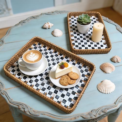 Set of 2 Rectangular Mother of Pearl & Rattan Trays - Handwoven Wicker Serving Trays for Coffee Table & Vanity - Boho Decorative Nesting Basket Organizers for Home (Black & White) - Image 2