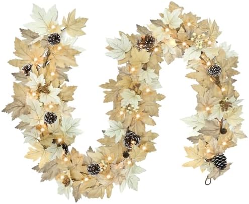 6 FT Realistic Fall Garland with Lights Timer Function Fall Leaves Maple Garland with Berries Pine Cones Autumn Automatic Fall Decorations for Home Mantle Fireplace Porch Table Decor by Ghrdopy