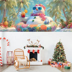 16x7Ft Tropical Snowman Garage Door Banner - Beach Scene with Swimsuit Snowman Holding Drink, Funny Summer Winter Mix Decor for Outdoor Holiday - Image 7