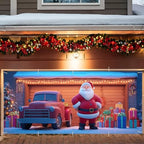 Santa and Truck Christmas Garage Door Banner 7x16FT, Holiday Scene with Santa, Gifts, and Vintage Truck, Large Outdoor Xmas Decoration for Garage Doors by ANNAQUEEN