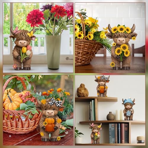Simgoing 4 Pcs Seasonal Highland Cow Figurines, Spring Summer Fall Winter Gnomes 4 Seasons Highland Cow Home Decor Table Centerpieces Scottish Resin Statue Calf Gifts for Home Garden Kitchen Office - Image 6